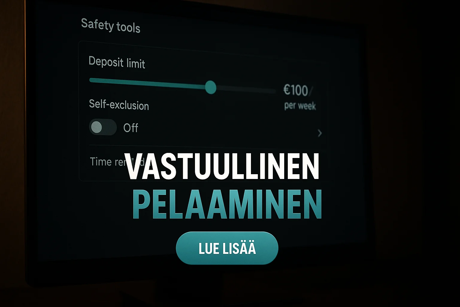Fotorealistinen suomalainen kasinobanneri vastuullisen pelaamisen asetuksilla ja CTA-painikkeella
