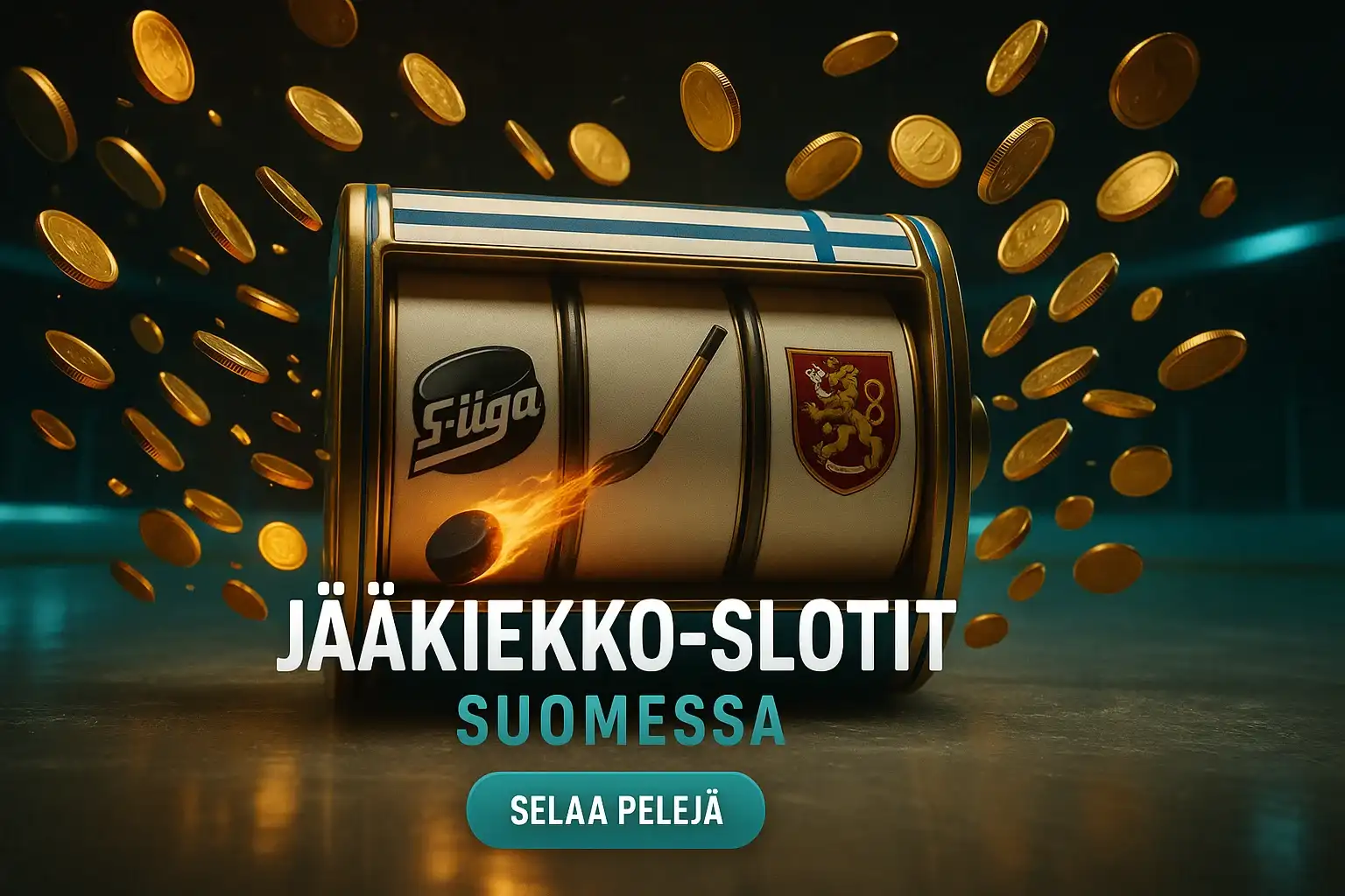 SM-liiga jääkiekkoaiheinen kolikkopelibanneri, kultakolikot räjähtävät ja neonvalot hehkuvat