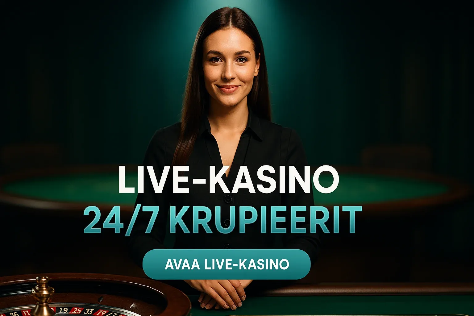 Fotorealistinen suomalainen live-kasinobanneri, krupieeri ruletinpöydän äärellä, 16:9