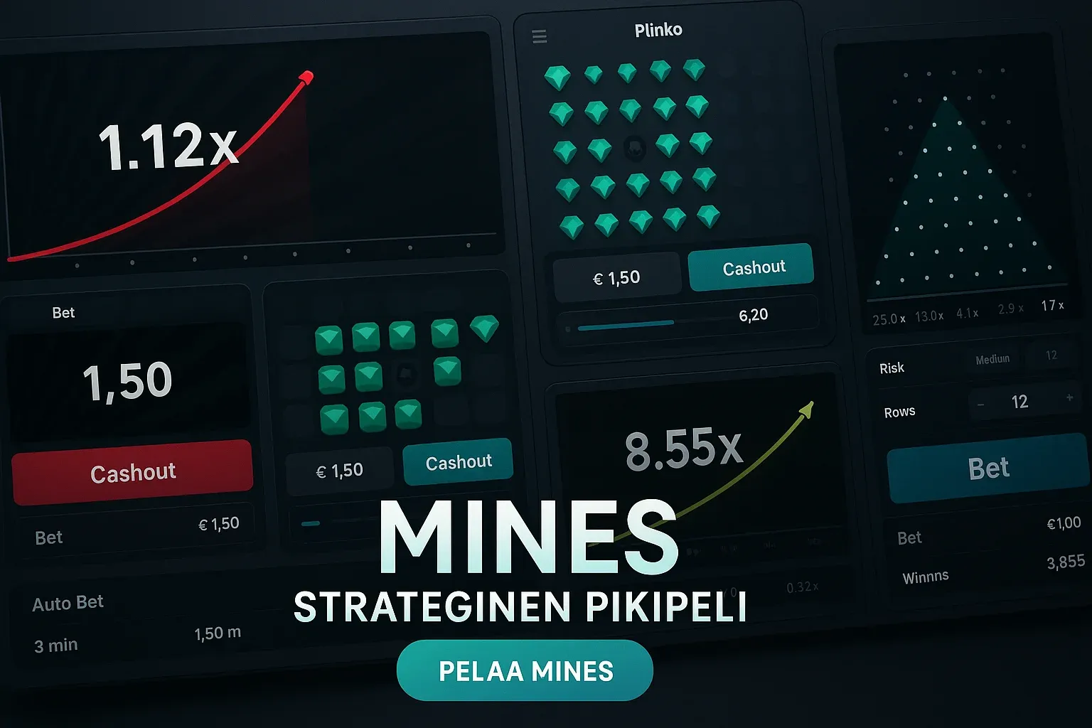 Suomalainen kasinobanneri, Mines-pikapeli ja crash-pelien käyttöliittymät 2x2-ruudukossa