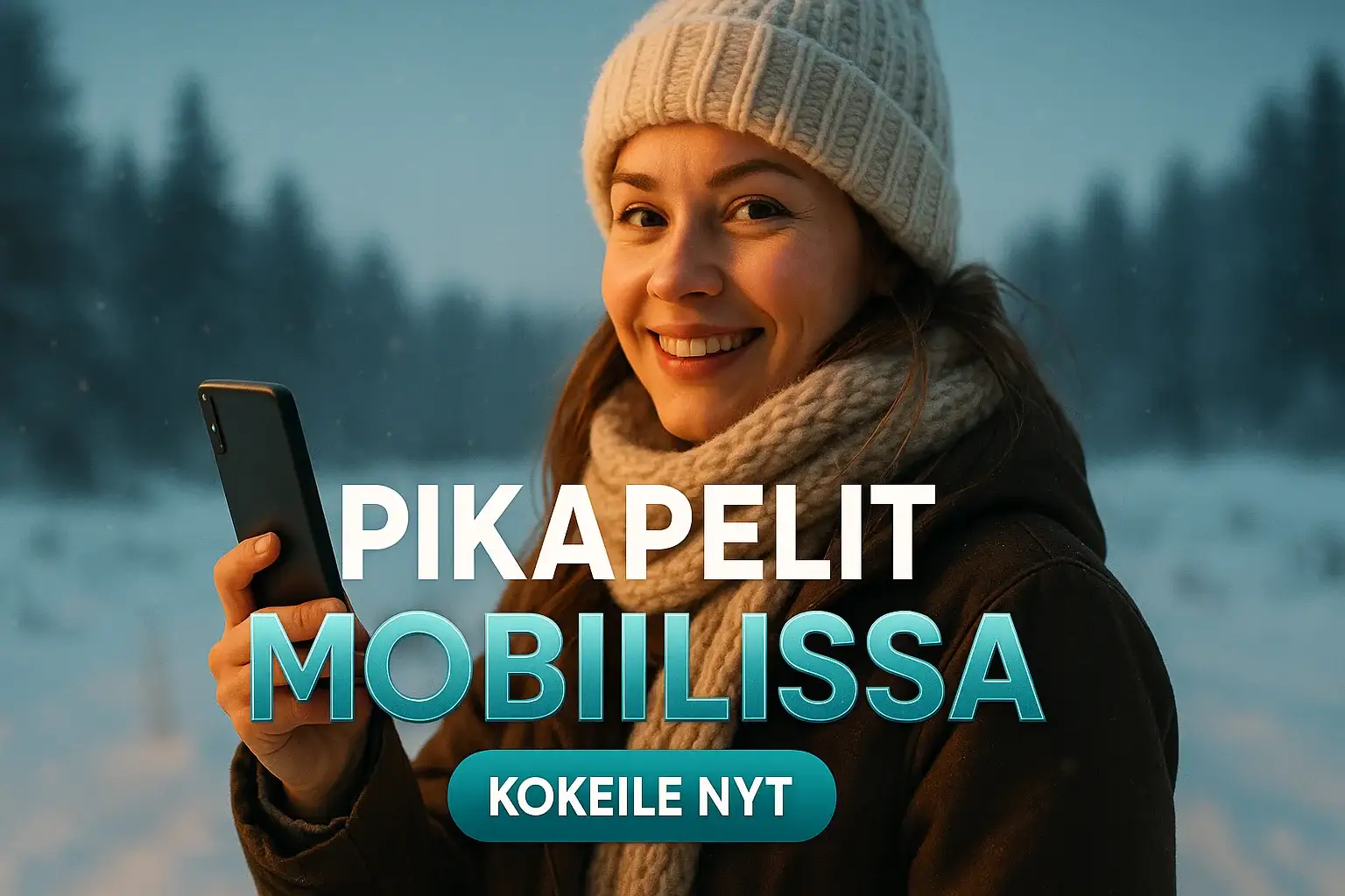 Suomalainen nainen talvimaisemassa pitelee älypuhelinta, kasinobanneri mobiilipelaamiseen
