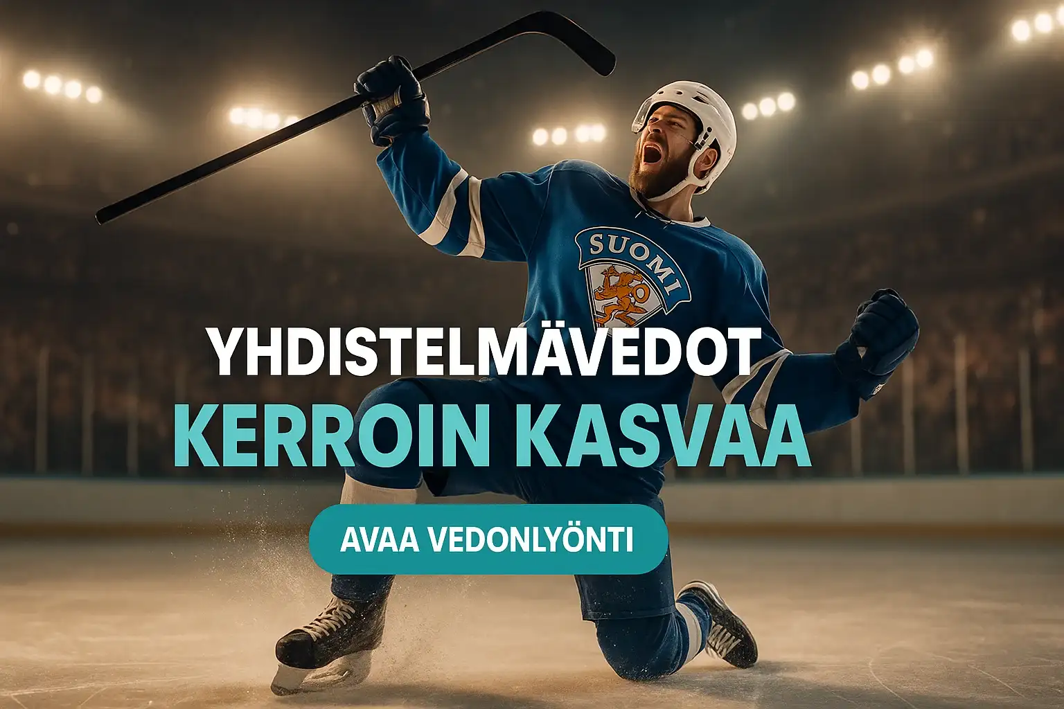 Suomalainen jääkiekkoilija juhlii maalia kasinon vedonlyöntibannerissa areenalla